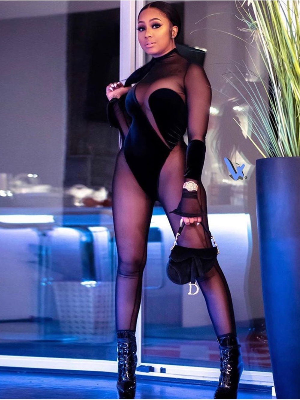 Sheer Black Mesh Jumpsuit with Velvet Bodice